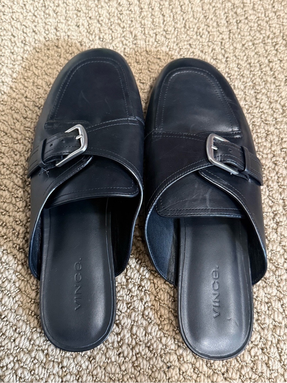 Vince Black Leather Buckle Slide Mules